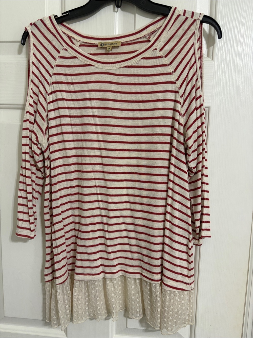 Democracy Boho Cream and Red Striped Cold-Shoulder Tunic with Lace Hem
